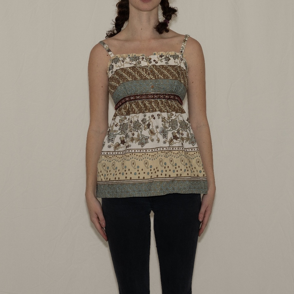 Y2k printed beaded tank top with tie size large 52 weekends cotton